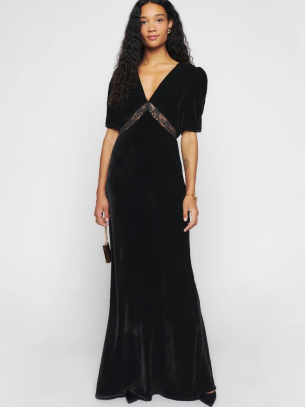 Reformation Malaga Velvet Maxi Dress Lace Details Short Sleeve V-Neck Black sz0